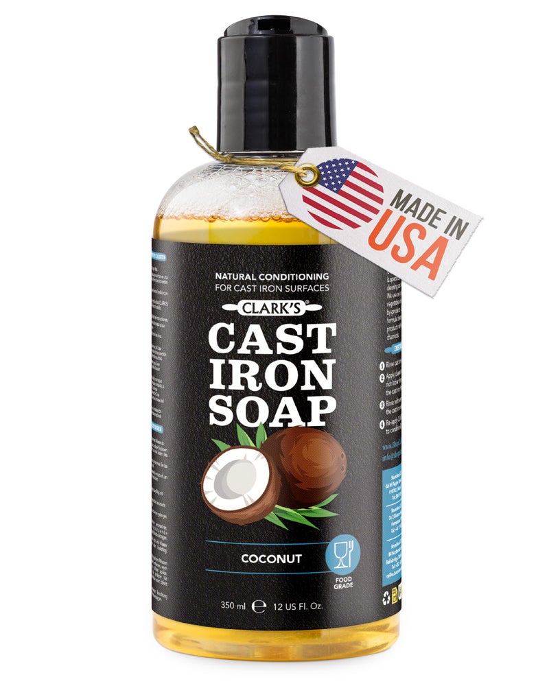 CLARK'S Cast Iron Cleaner 12 oz, Made in USA, Plant Based Coconut Cast Iron Soap for Skillets, Griddles Etc. - Protects, and Restores Cookware - Image 1